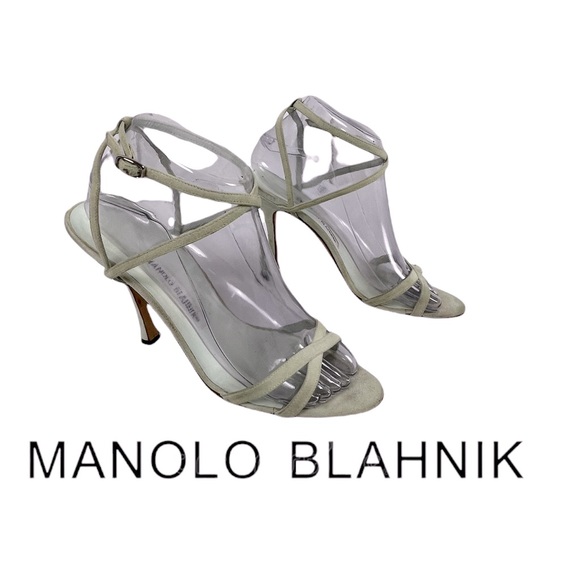 MANOLO BLAHNIK WOMENS STRAPPED HEELS LT GREEN SUEDE SIZE 39 1/2 or 7 1/2 - Picture 1 of 6